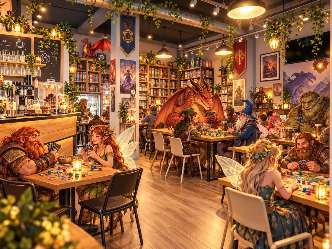 Illustration : le café rempli de dragons, nains, fées, trolls et magiciens en train de jouer aux cartes et aux jeux de plateau