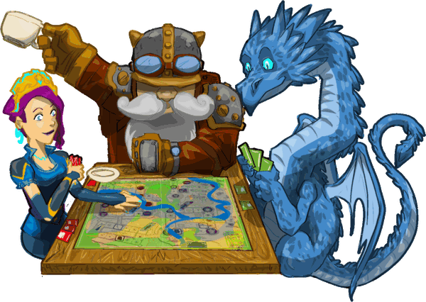 Une joueuse, un nain et un dragon autour d'une partie de jeu de plateau